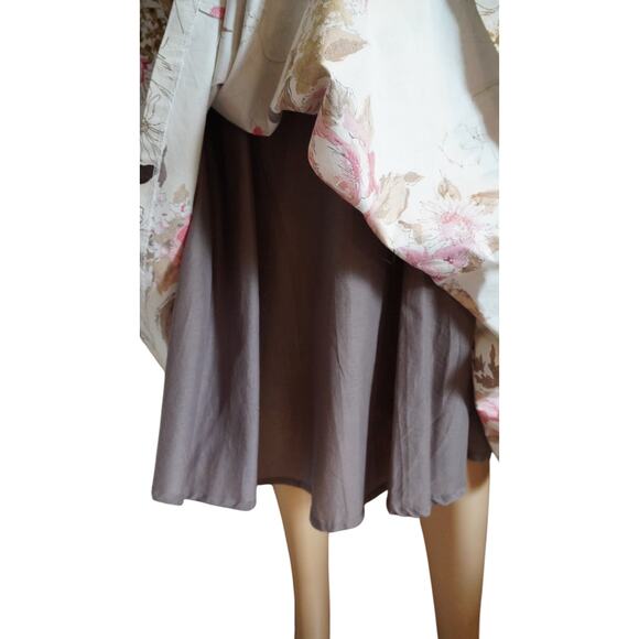 Floral Midi Skirt 100% Cotton Lined A-Line Elastic Waist Pink Brown White - Picture 3 of 7